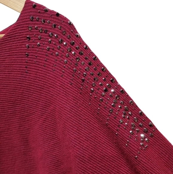 VILA MILANO XL Crew Neck Burgundy Wool Blend Ribbed Metallic Beaded Sweater - Picture 4 of 8
